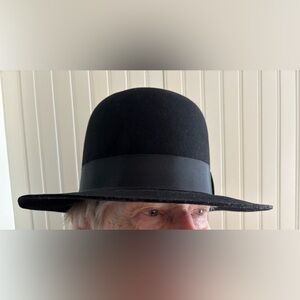 Vintage 80’s Norma Kamali for Stetson Black Felt Fedora Hat black trim ribbon
